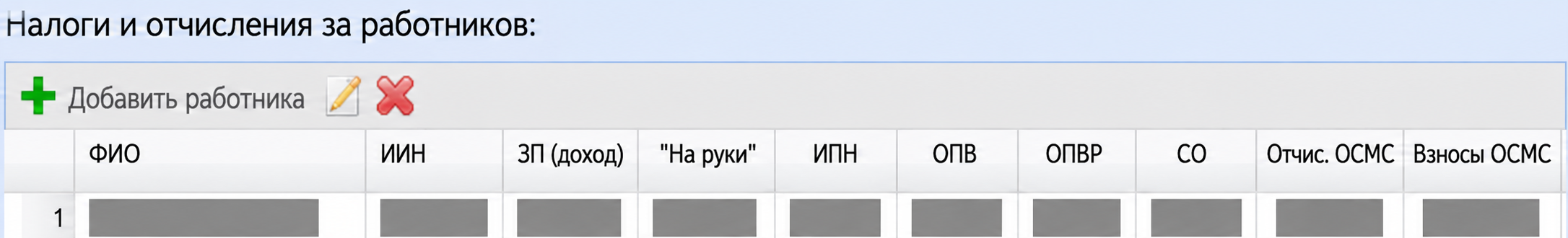 Реальный раздел расчёта налогов за работников: доход, ИПН, ОПВ, ОПВР и другие платежи. Персональные сведения скрыты.